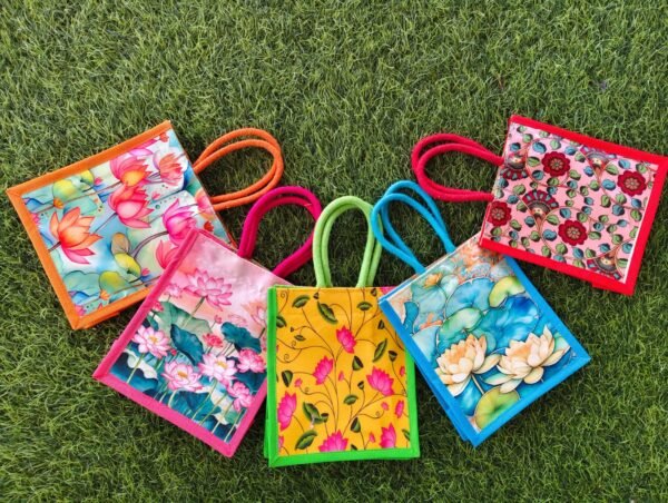 Jute Bags with Lotus Print Fabric